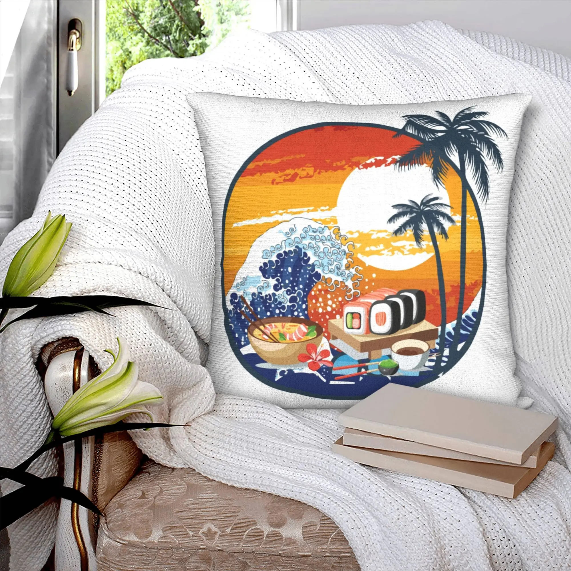 Modern Vintage Sushi And Sunshine Beach Food Cushion Cover Polyester Anime Cartoon Pillow Case Bedroom Decoration