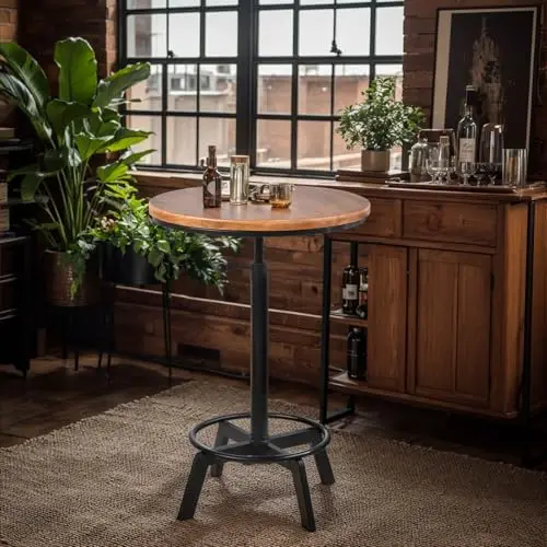 

Industrial Style Round Bar Table With Height Adjustment 30-35.4 Inches, 23.6 Inch Wood Top, 360° Swivel Base For Kitchen Dining