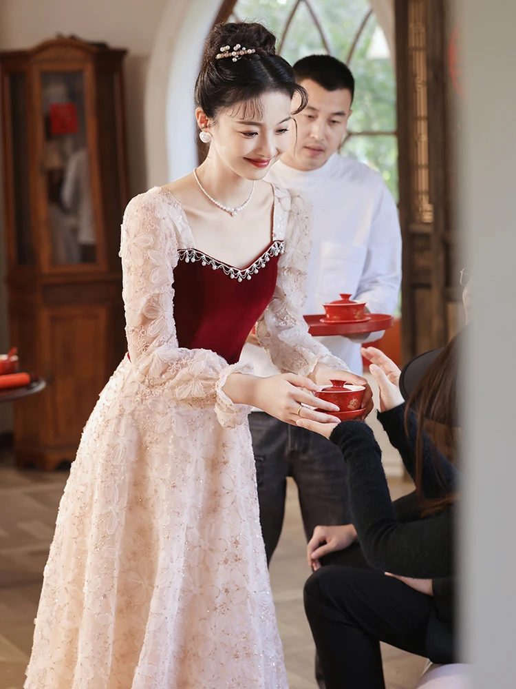 

Розовое длинное свадебное платье класса люкс для помолвки, женское модное корейское платье с бисером и жемчугом, с завышенной талией, длинное вечернее платье