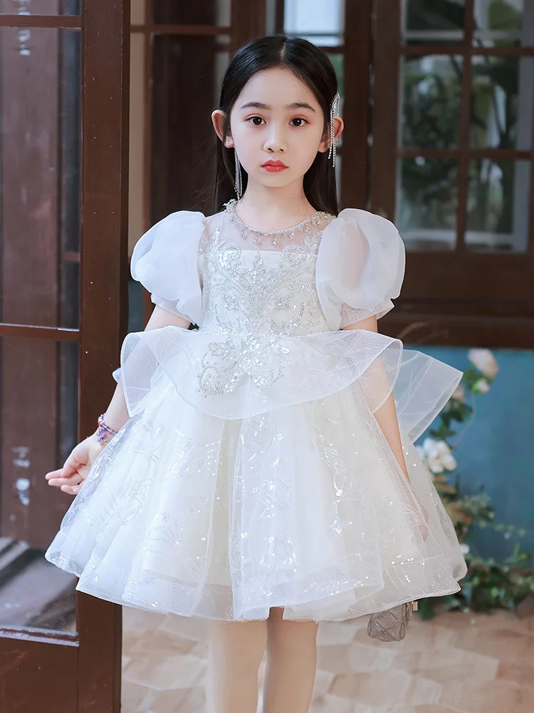 Flower Girl White Sequins Dress Children Birthday Baptism Dresses For Kids Elegant Frocks Girls Boutique Party Wear Vestidos