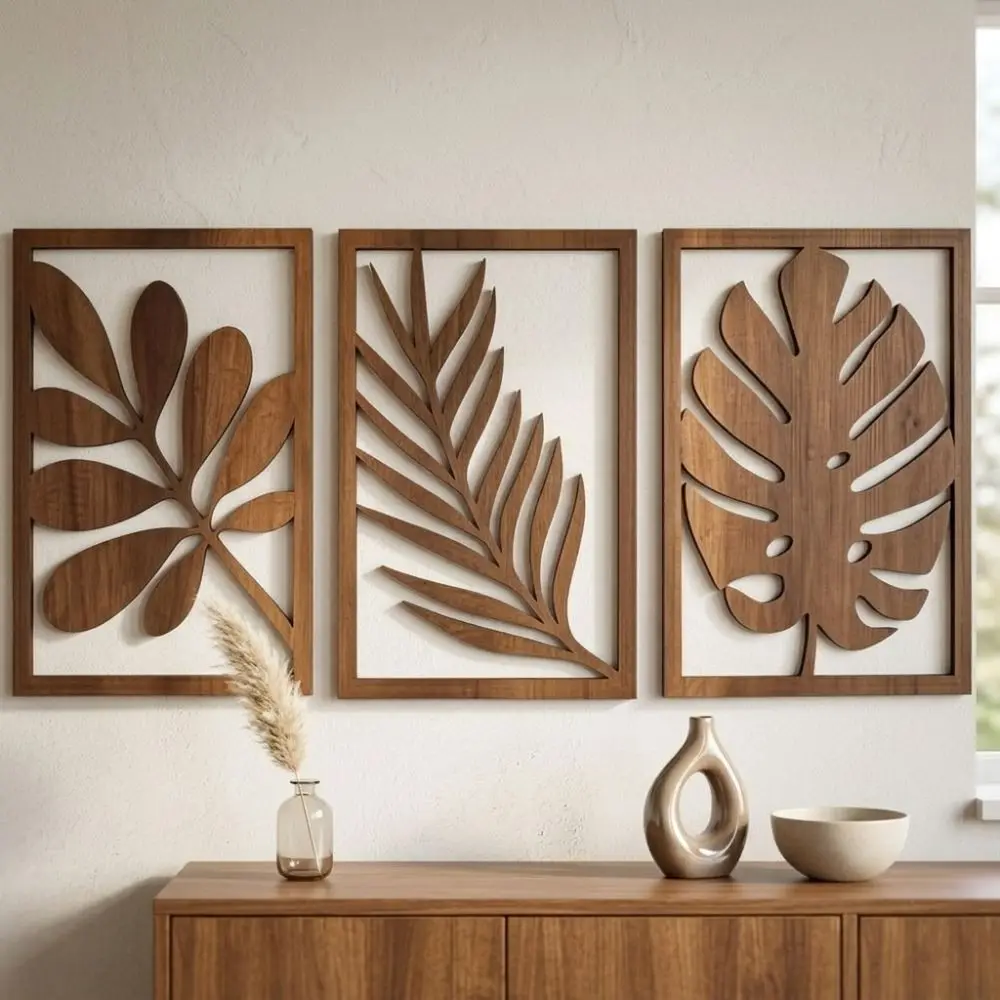 3Pcs Rustic Wooden Tropical Leaves Wall Sign Artistic Farmhouse Monstera Wall Panel Set Cutout Leaf Nature Inspired