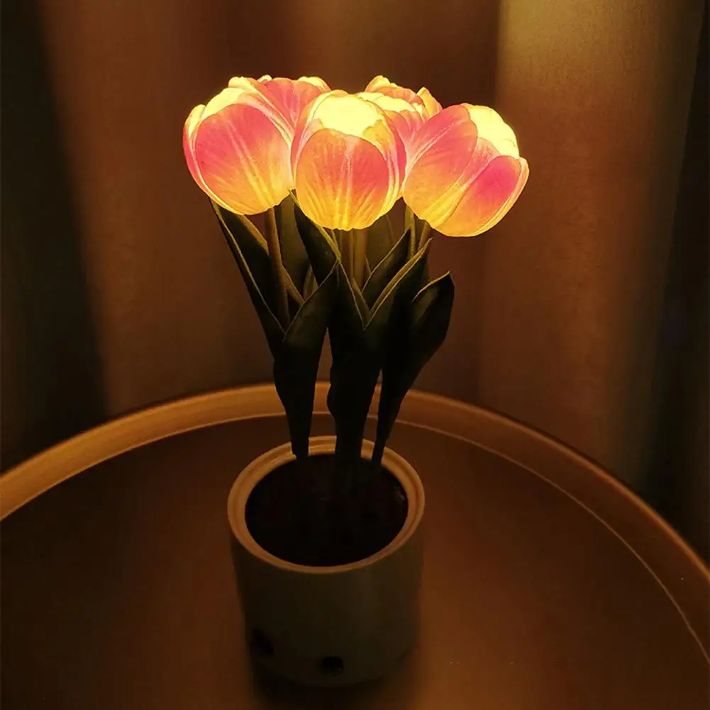 Lampu meja Tulip Led, Led bunga simulasi pengisian daya Usb lampu malam samping tempat tidur untuk dekorasi rumah kamar tidur