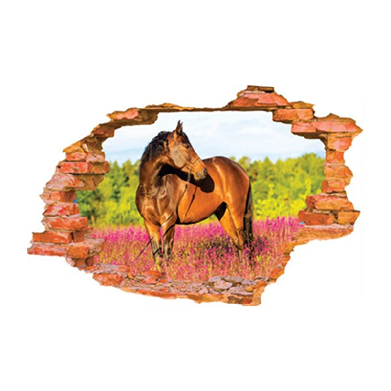 3D Pretty Horse Broken Wall Creative Stickers Grassland Scenery Vinyl Mural Home Decorations Animal Landscape Poster Wallpaper