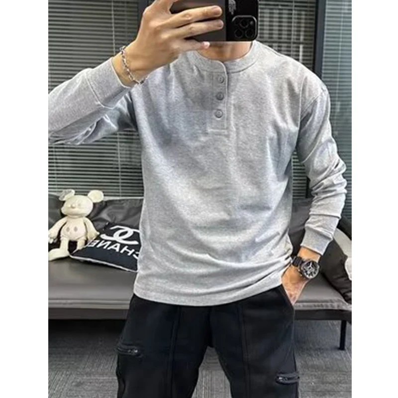 American Style Men's Spring Autumn Long Sleeve Henley T-Shirt Open Collar Button Outerwear Vintage Male Pullover Clothing
