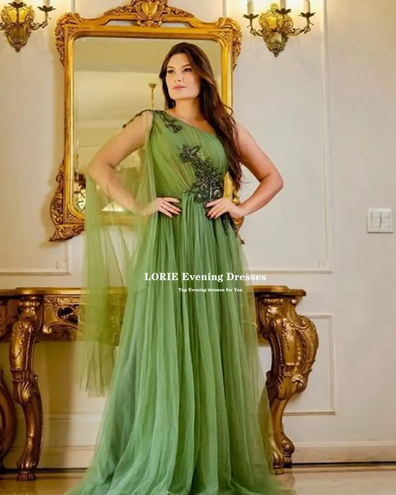 LORIE Green One Shoulder Tulle Evening Dresses 2022 Pleat Appliques Floor Length Arabic Women Formal Prom Gowns Robes De Soirée