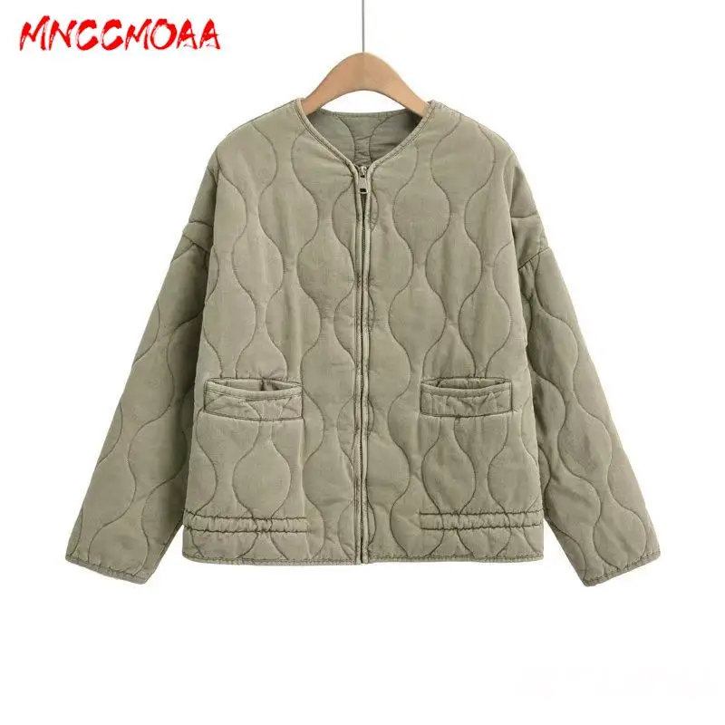 

MNCCMOAA-Women's Round Neck Parkas with Pockets, Casual Coat, Long Sleeve Tops, Monochromatic Outerwear, Winter Fashion, 2024