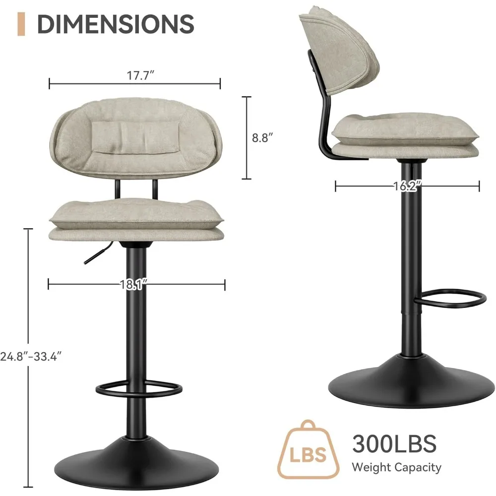 Juego de 4 taburetes de bar, taburetes de bar modernos de altura giratoria ajustable para isla de cocina, sillas de bar tapizadas de doble capa