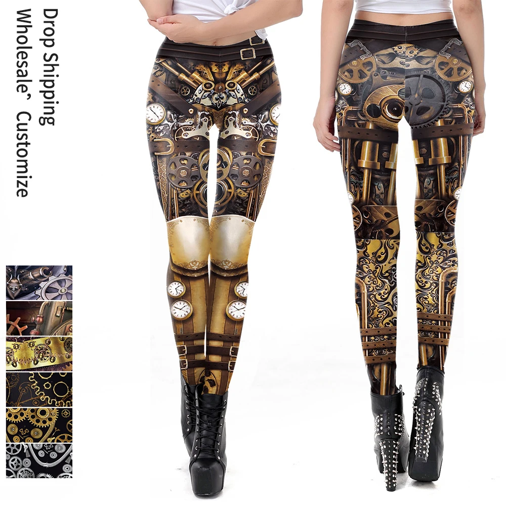 NADANBAO Punk legginsy kobieta Retro robot spodnie z nadrukiem wysokiej talii elastyczne spodnie Fitness Workout Streetwear seksowne rajstopy imprezowe
