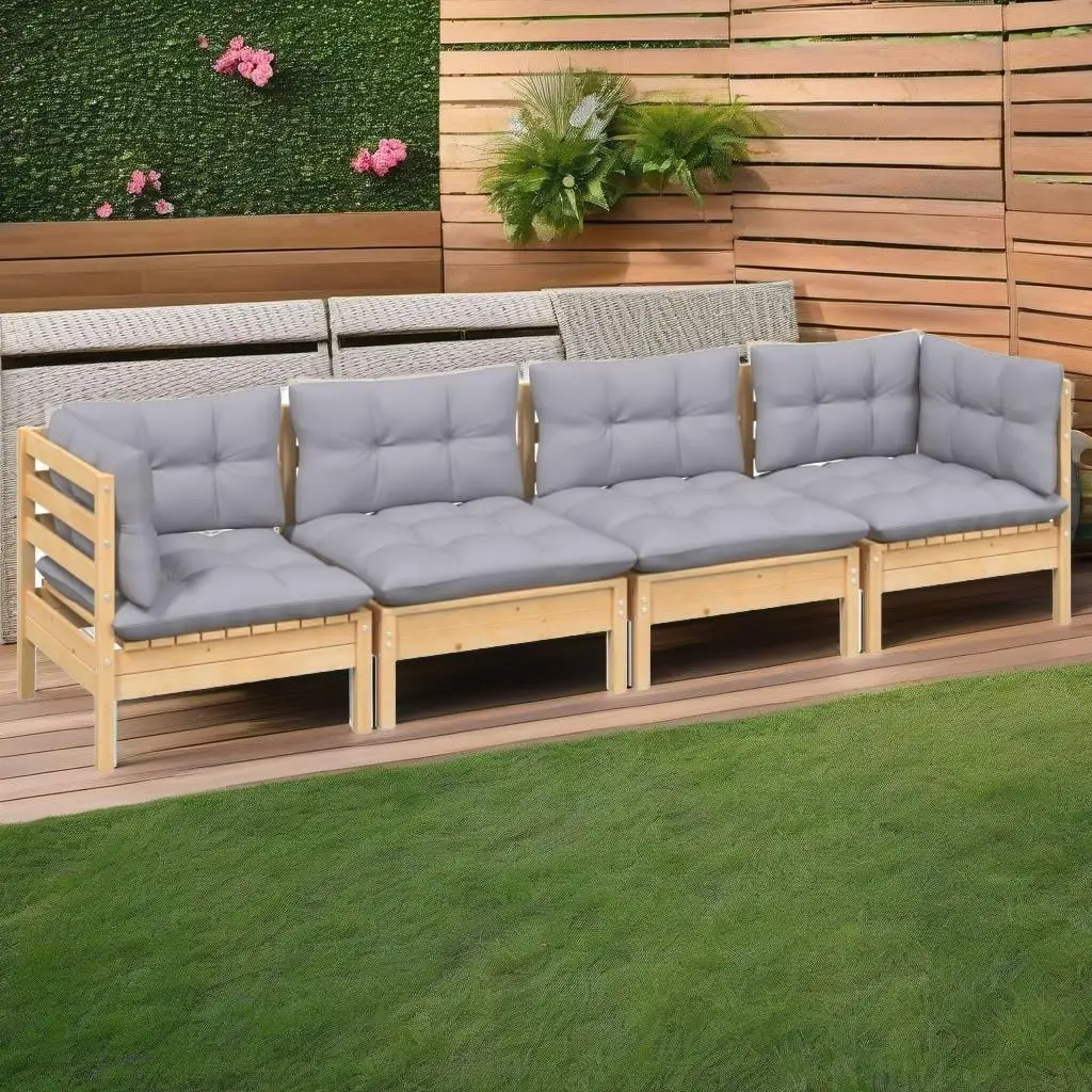 

4-Piece Patio Lounge Set with Gray Cushions - Durable Solid Pinewood Furniture