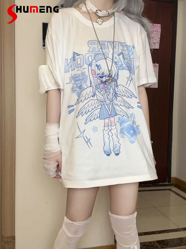 

Japanese Mine Style Water Color Tops Round Neck Short Sleeve Cartoon Girl Print Loose Casual Versatile T-shirt Top Women Summer