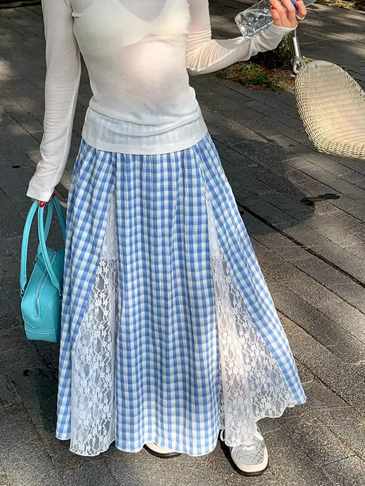 

Stylishly Designed Plaid Lace Patchwork Blue A-line Skirt For Women Spring Summer Casual Loose High-waisted Midi Skirt In Korean