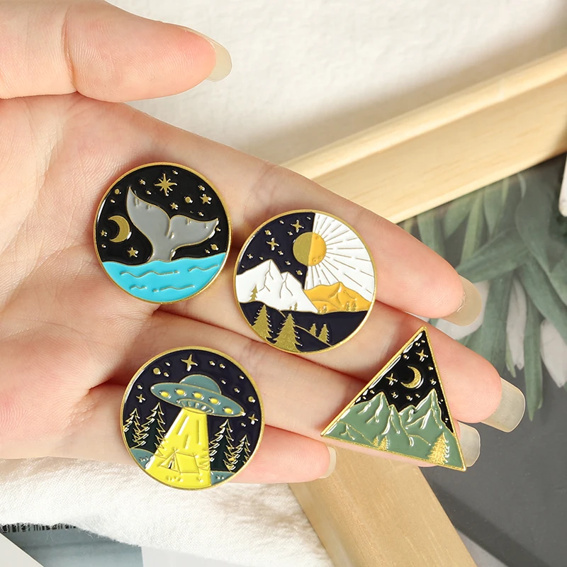 Outdoors Travel Mountain Enamel Pins Custom Ufo Ocean Shark Metal Alloy Brooches Lapel Badges Jewelry Gift for Friends Wholesale