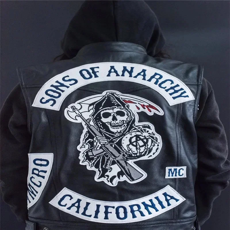 Sons Of Anarchy Embroidery Leather Rock Punk Vest Cosplay Costume Black Color Motorcycle Sleeveless Jacket