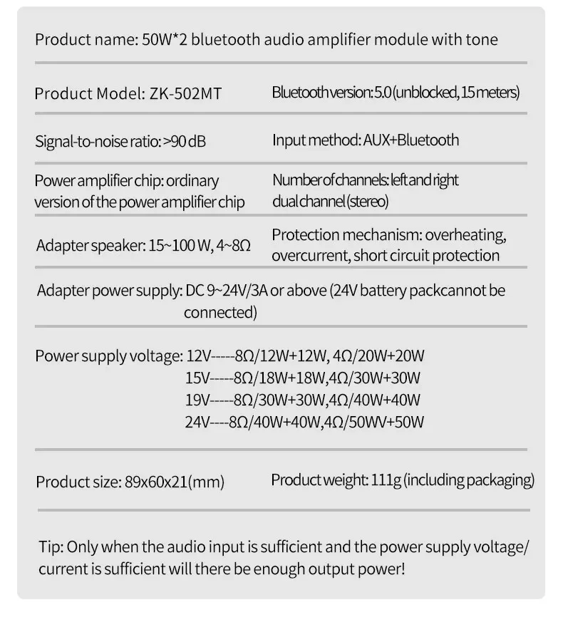 ZK-502MT Bluetooth 5,0 панель усилителя сабвуфера, 2,0 каналов, плата высокомощного усилителя звука, 2x50 Вт, басовый усилитель