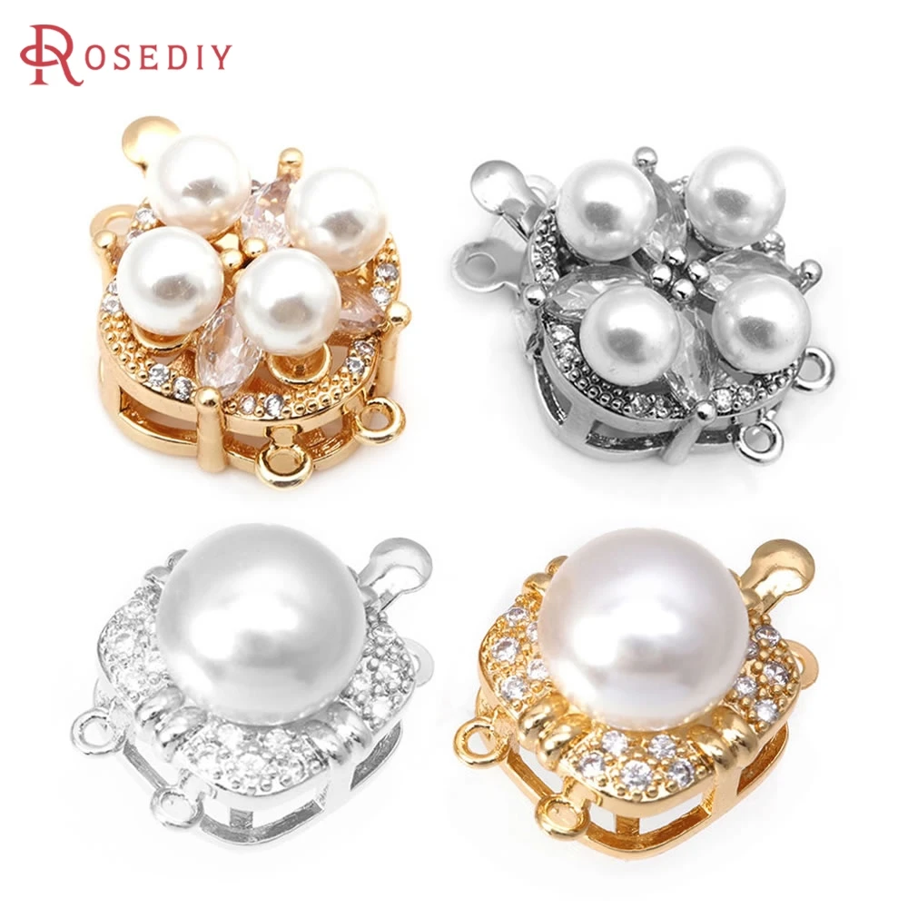 4 Sets 18K Gold Color Brass and Zircon and Plastic Imitation Pearls Flower 2 Line Necklaces Connect Clasps Diy Jewelry Making