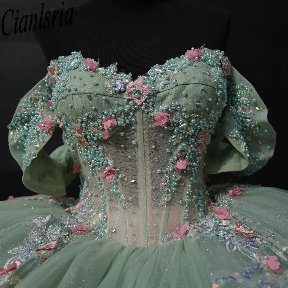 

Mint Green Off The Shoulder Quinceanera Dresses Ball Gown Pearls Beading 3D Floral Lace Sweet 15 Años Mexican Customized