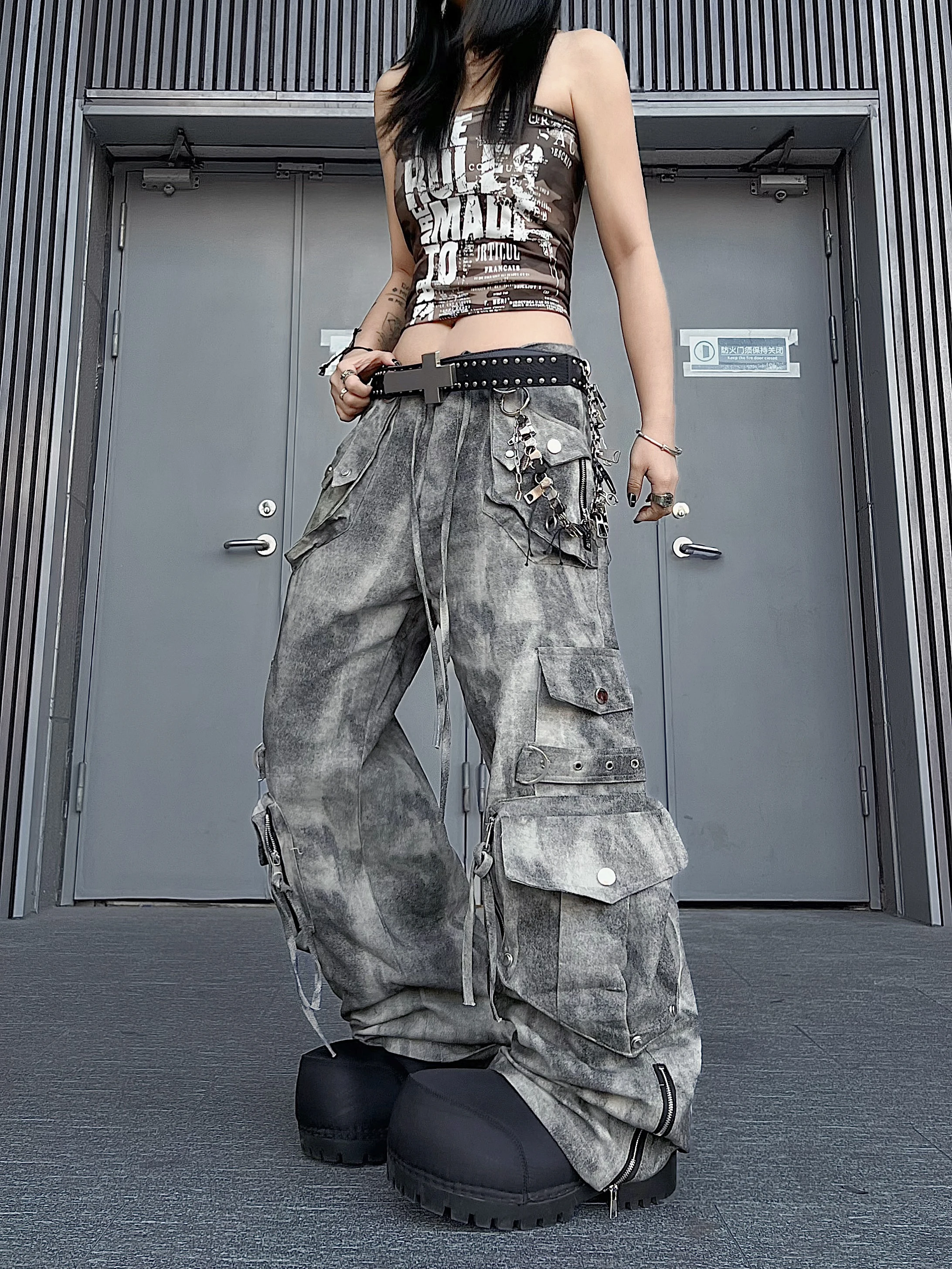 

Американские рабочие брюки в стиле милитари с эффектом потертости, тай-дай, повседневные, прочные, с множеством карманов, прямые джинсы для мужчин