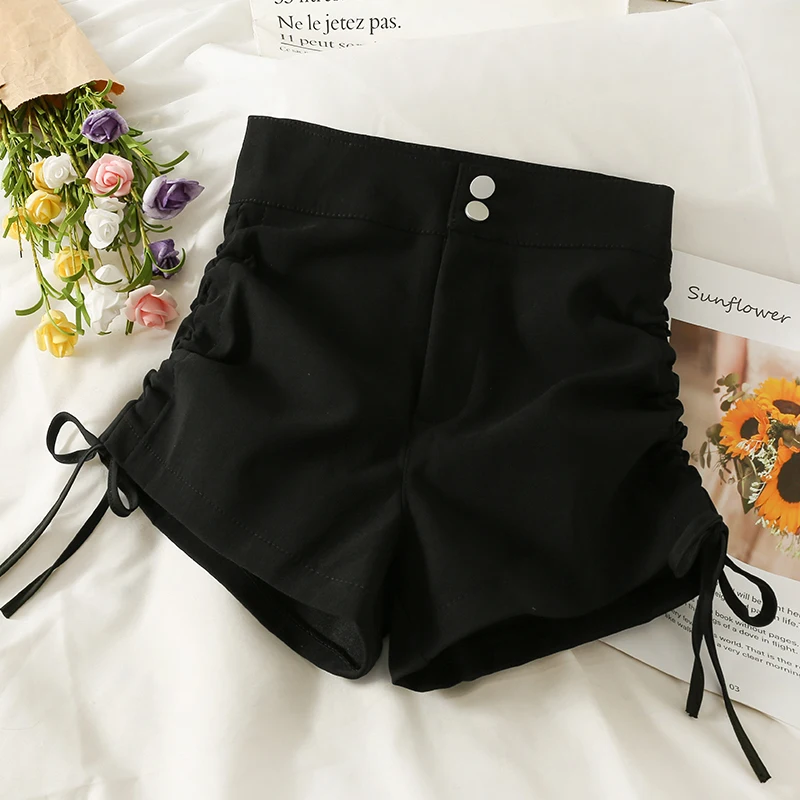 2026 New High Waist Drawstring Short Pants Women's Slimming Knot Irregular Fit Black Pants Polyester Fabric