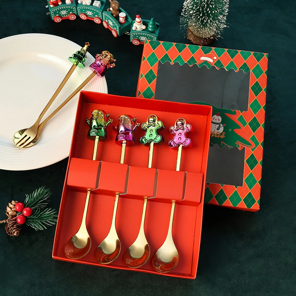 New Colorful Christmas Spoon Cartoon Cute Christmas Spoon Fork Doll Coffee Spoon Dessert Fork Gift Set Stainless Steel Tableware