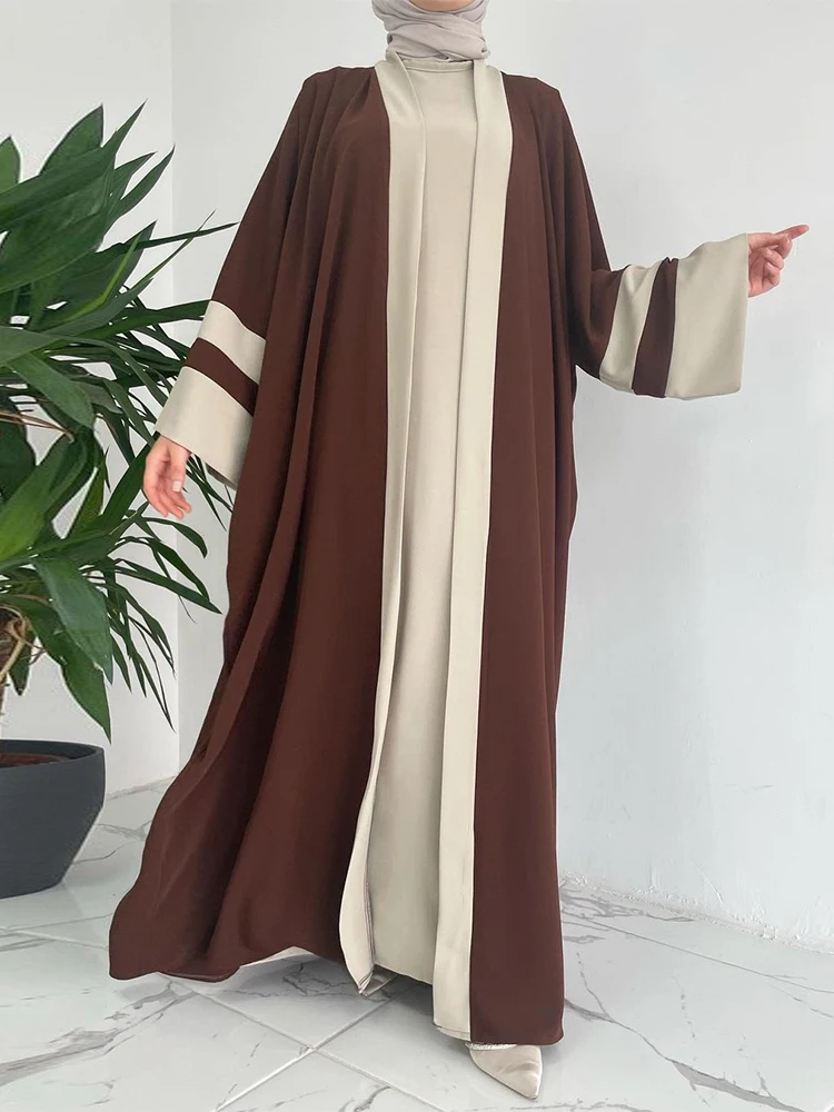 Dubai Muslim Ramadan Women 2 Set Solid Casual Sleeveless Dress And Open Kimono Abaya Fashion Contrast Color Turkish Kaftan