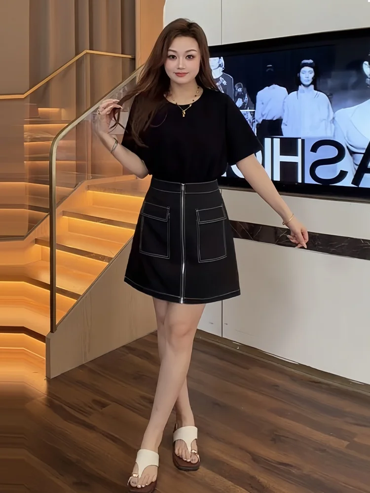 

Casual High Waist A-Line Dress Short Sleeve Patchwork Denim Dress Elegant Design Summer Dress plus Size Women's Clothing