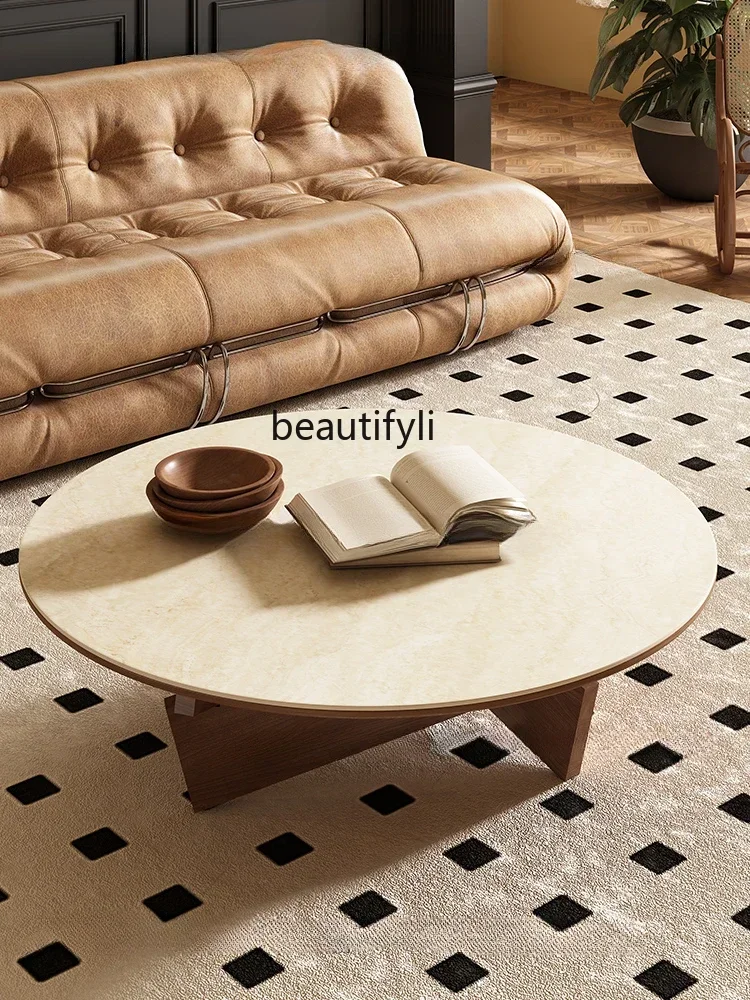 

07French Retro Solid Wood round Coffee Table Cave Stone Stone Plate Nordic Mortise