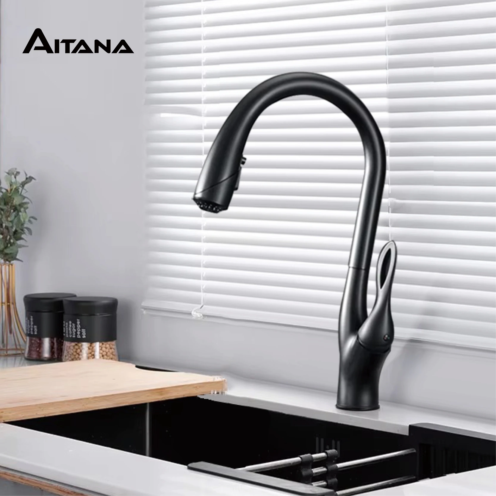 Modern luxury black brass kitchen faucet with pull-out design, single handle for hot and cold water, 3-function sink faucet