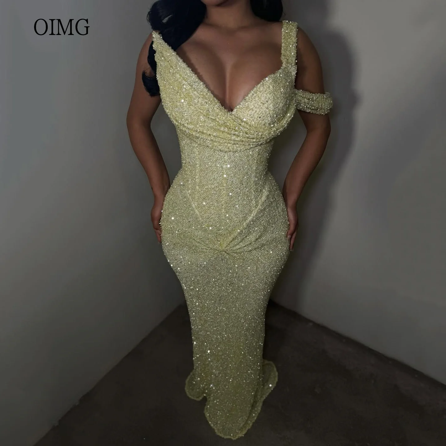 

OIMG Shiny Elegant Mermaid Prom Gowns Yellow One Shoulder Party Gown Floor Length Evening Dress فساتين سهرة Customized