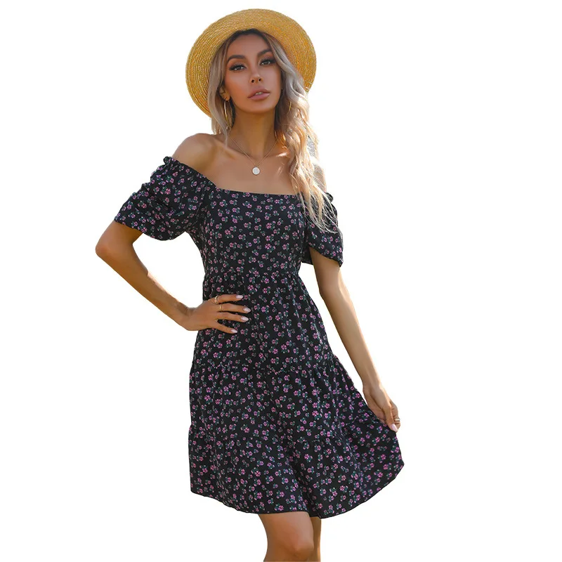 

Summer Dresses Women Square Collar Short Sleeve High Waist Mini Floral Print Black Maternity Dress Daily Vestido Para Enbarazada