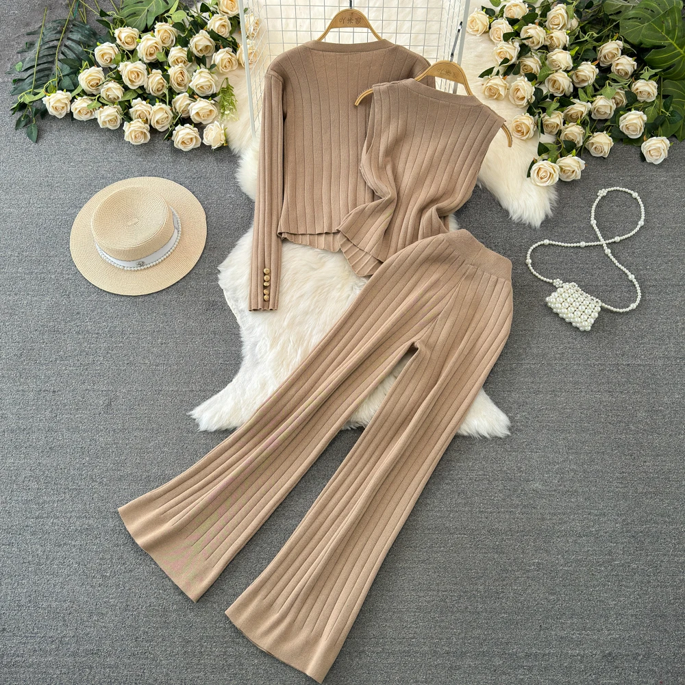 Female Korean Styley Knitting 3 Pieces Suits V-neck Single Breasted Knitted Cardigans + Vest + High Waist Straight Leg Pant Set