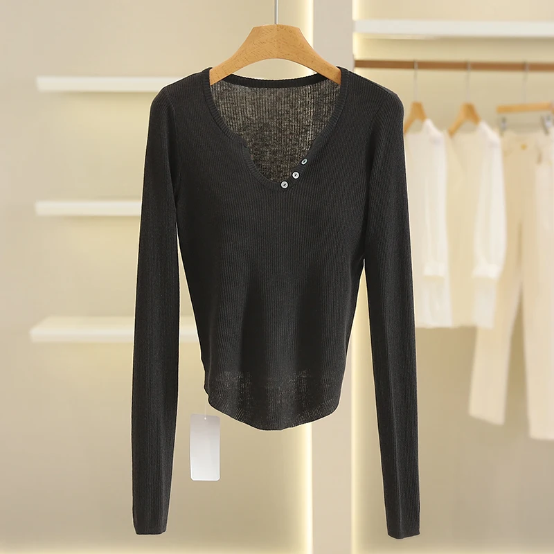 

Удобный тонкий однотонный вязаный свитер-боди для женщин, весенний, модный, для повседневной носки, с V-образным вырезом, укороченный