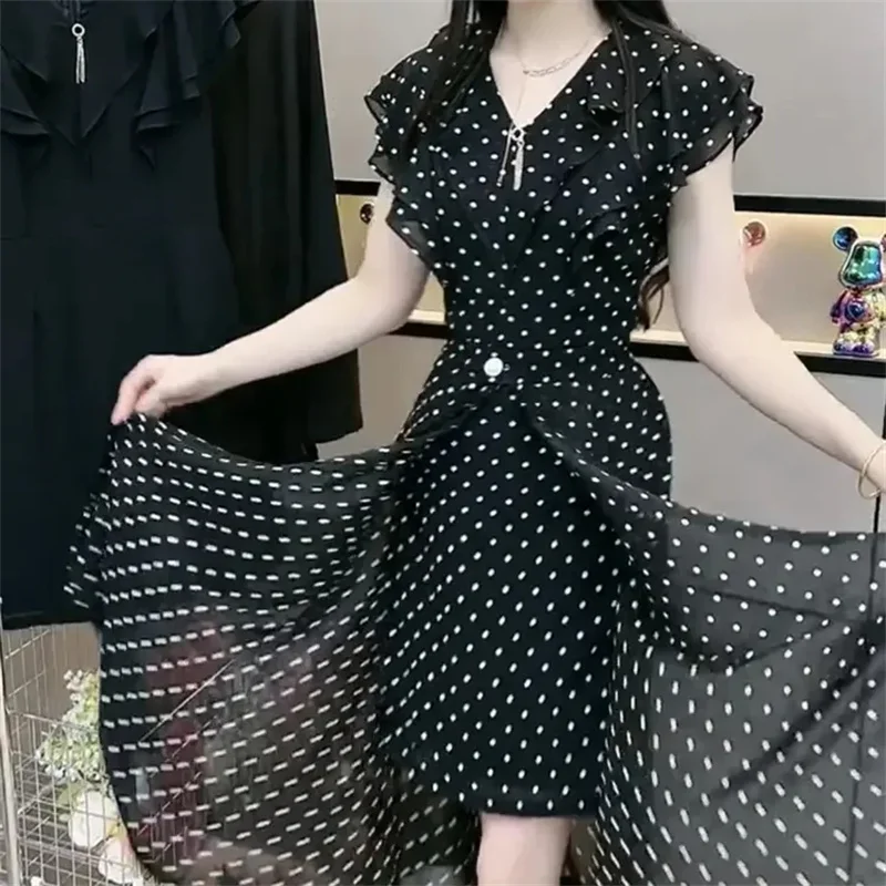 

Fashion Dress Set Women New Polka Dot Style Sweet and Slim Ruffle Dress Apron Two Piece Set Black V Neck Dress Lad XT566