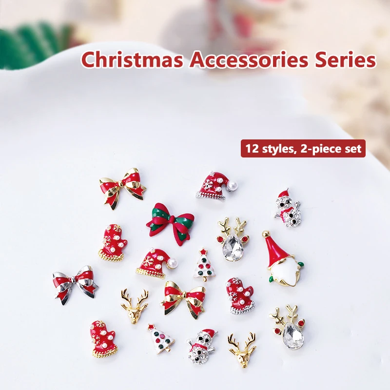 2pcs Christmas Nail Zircon Charms Luxury Bow Antlers Snowman Gloves Christmas Tree Nail Gem Ornament New Year Nail Art Accessor