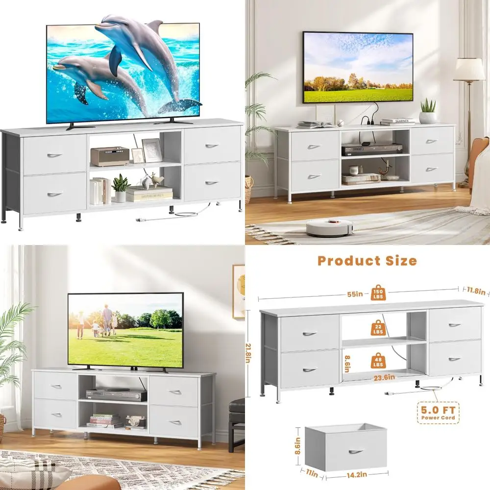 Bedroom TV Stand Dresser with 4 Fabric Drawers, Entertainment Center for 55 TVs, Open Shelves Dresser