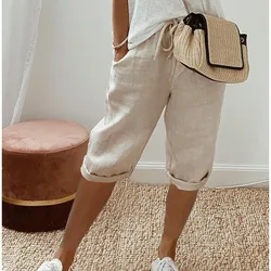 Bolso feminino de algodão e linho com renda elástica calça casual, três quartos de comprimento, europeia e americana, nova