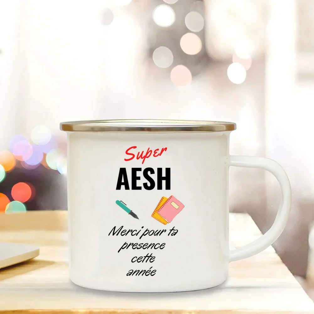 Drinks Water Enamel Cup Creative Coffee Cups Super AESH Thank You for This Year French Print Mugs School Handle Drinkware Gifts
