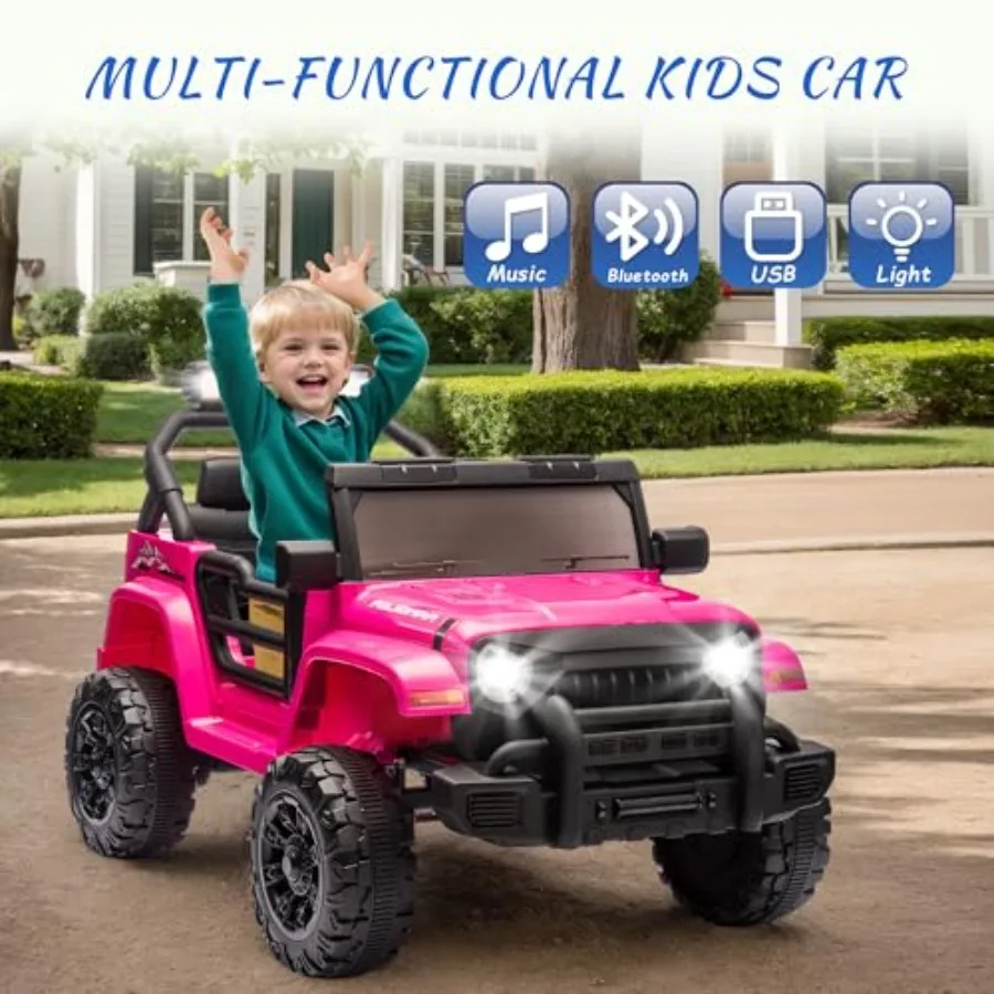 12V電動乗用玩具「トラックカー」、親御さん用コントロール付き、幼児向け、音楽・Bluetooth搭載、四輪サスペンション付き