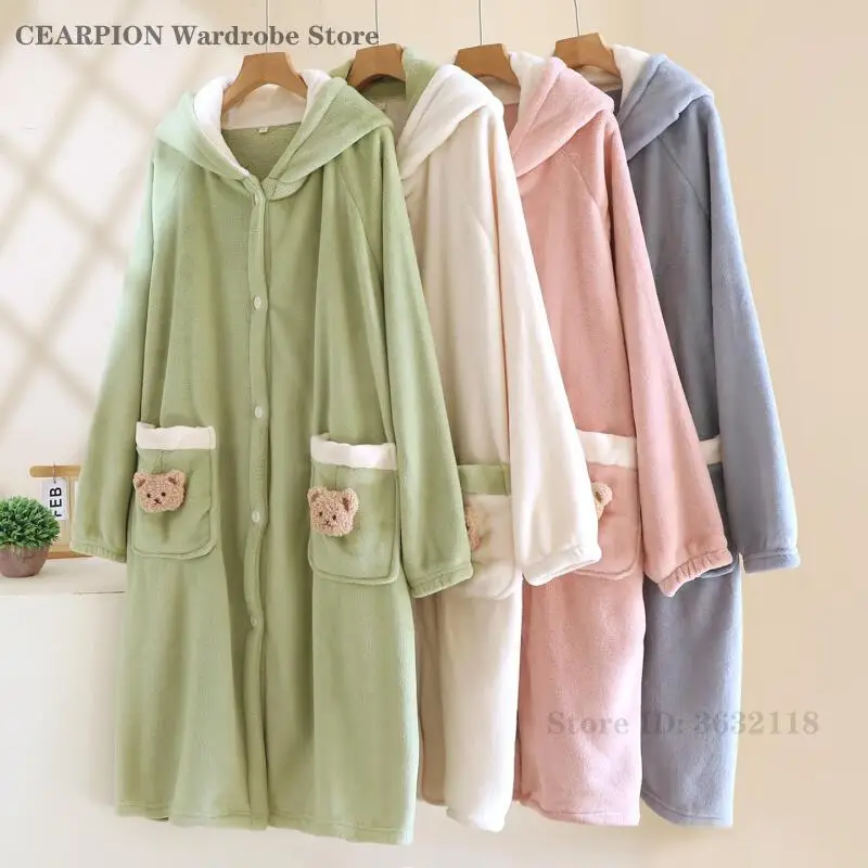 

Thick Cute Hooded Nightgown Autumn Winter Coral Fleece Robe Sleepwear Long Bathrobe Flannel Nightgown Nightdress Home Dressing