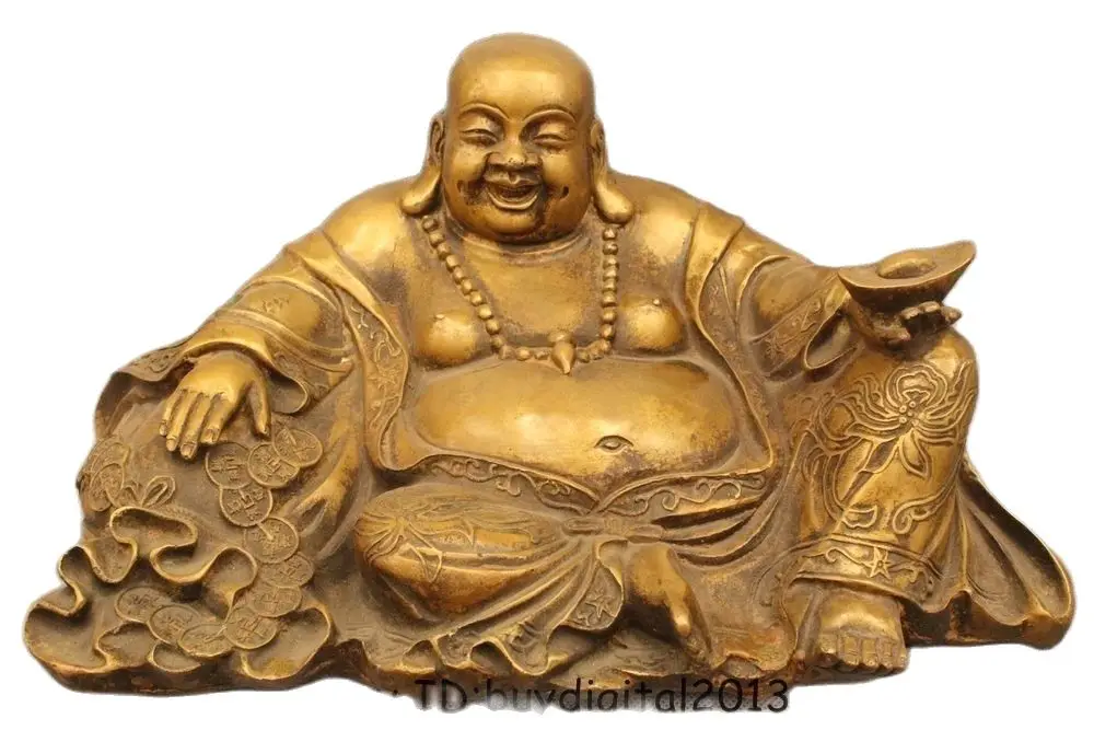 

7" Chinese Buddhism Bronze Fu Money Bag Happy Laugh Maitreya Buddha Statue Garden Decoration 100% Tibetan silver Bronze AE1024