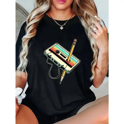 80s and 90s Retro Party Clothing Nostalgic Cassette Printed T-shirt Cotton Loose Casual Fashion Trend Women's Round Neck Top