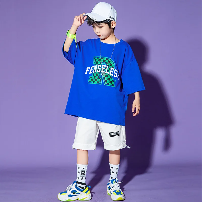 Kid Hip Hop Clothing Blue Graphic Tee Oversized T Shirt Top White Summer Shorts for Girl Boy Jazz Dance Costume Dancing Clothes