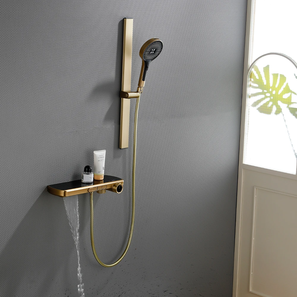 SKOWLL Wall Mounted Shower System with Shelf, Adjustable Slide Bar Handheld Shower Mixer Set with Storage Shelf for Bathroom