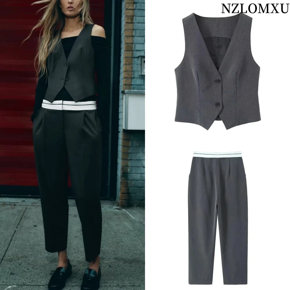 

2025 Spring Elegant Office Wide Pants Women Sets Sleeveless V Neck Slim Vest Female Crop Top Suits
