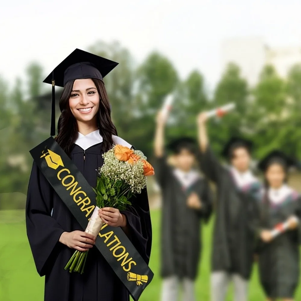 Black Golden Graduation Set Class of 2026 With Tassel Tassel Bachelor Cap Plain Cloth Badge Satin Graduation Shoulder Strap