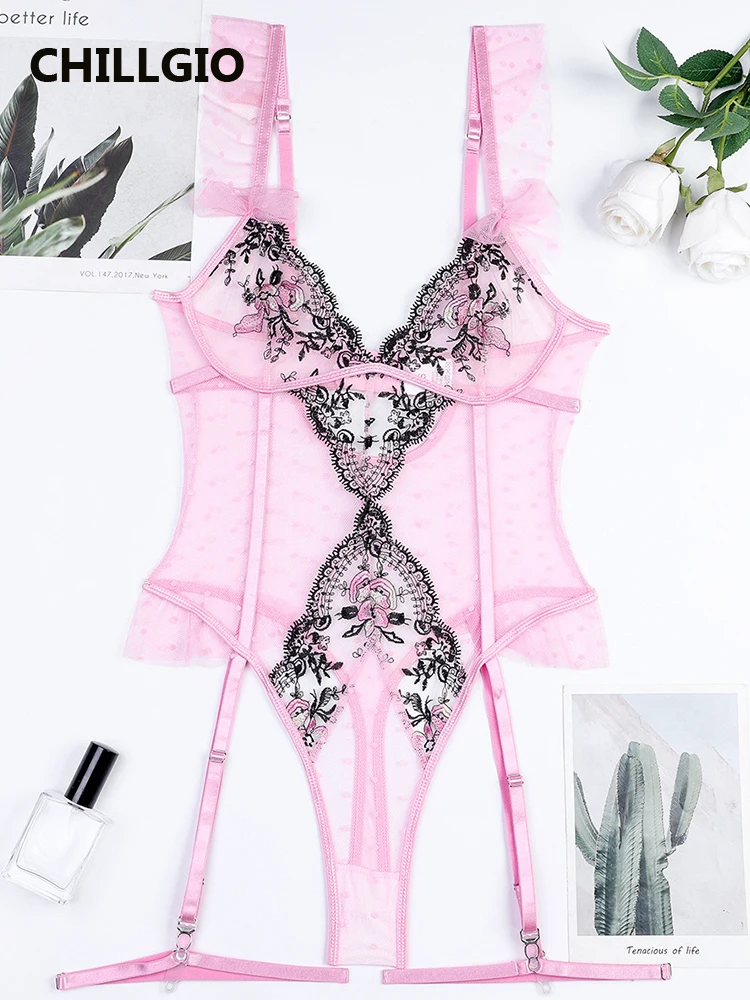 

CHILLGIO Sheer Sexy Woman Lingerie Pink Sweet Bodysuit Intimate Erotic Mesh Strappy Romper Embroidery Panty Garters Sex Catsuits