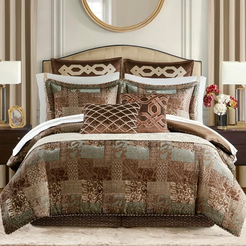 King Comforter Set, Luxe Chenille Jacquard Patchwork, Microfiber Twill Comforter for a King-Size Bed