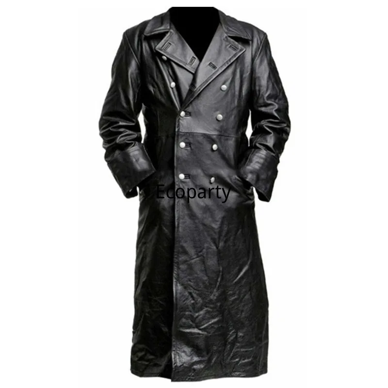 

Male Vintage Long Leather Jacket Autumn Winter Medieval Pure Black Silver Color Outerwear Charming Windproof Men's Clothing