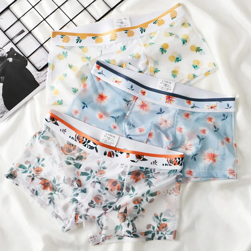 Boxershorts Men New Thin Ice Silk Mesh Flowers Print Flat Boxers Breathable Comfortable See-Through Trunk Underpants Panties