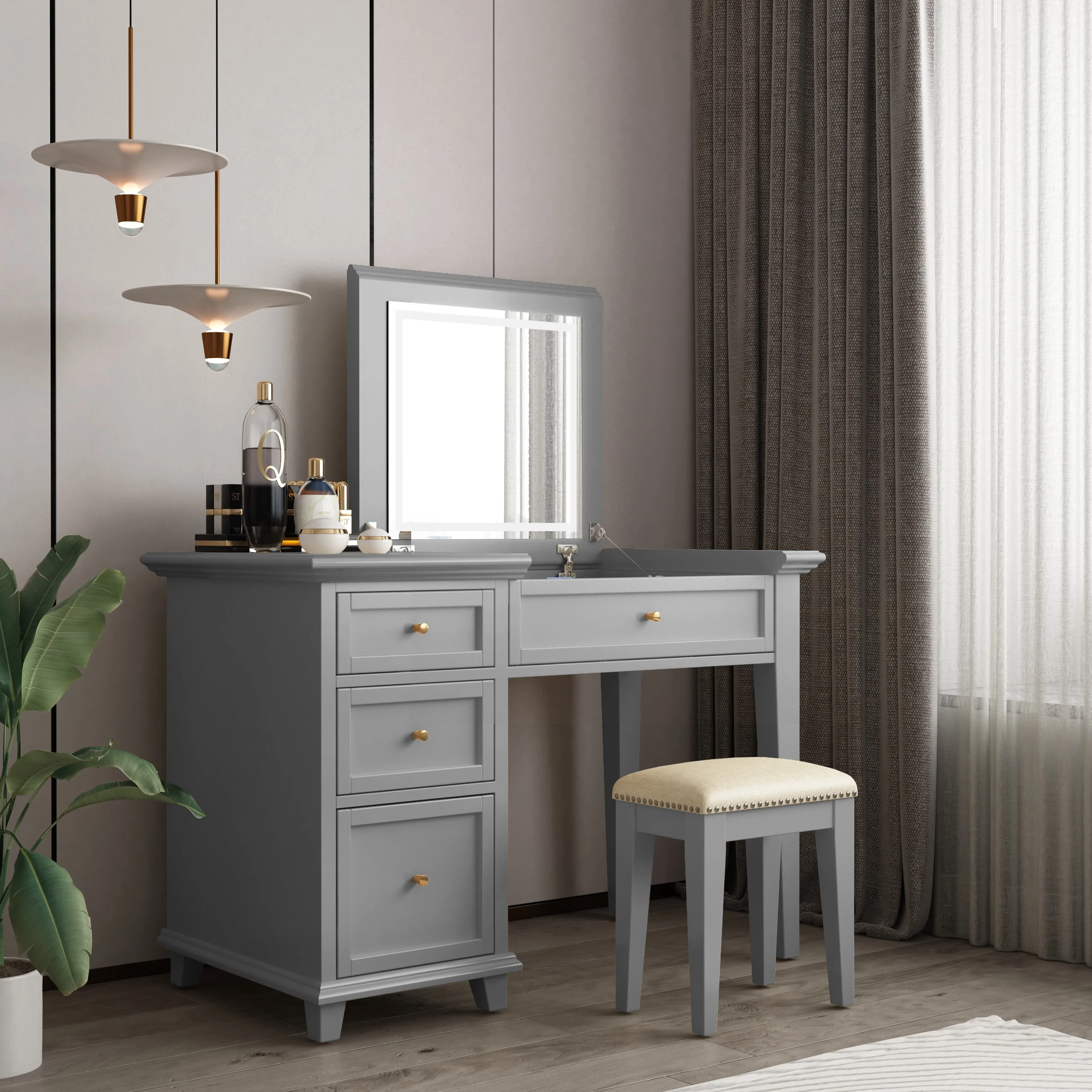 

Modern Minimalist Dressing Table with Flip Mirror Grey Solid Wood Makeup Desk with Gold Knobs for Home Bedroom