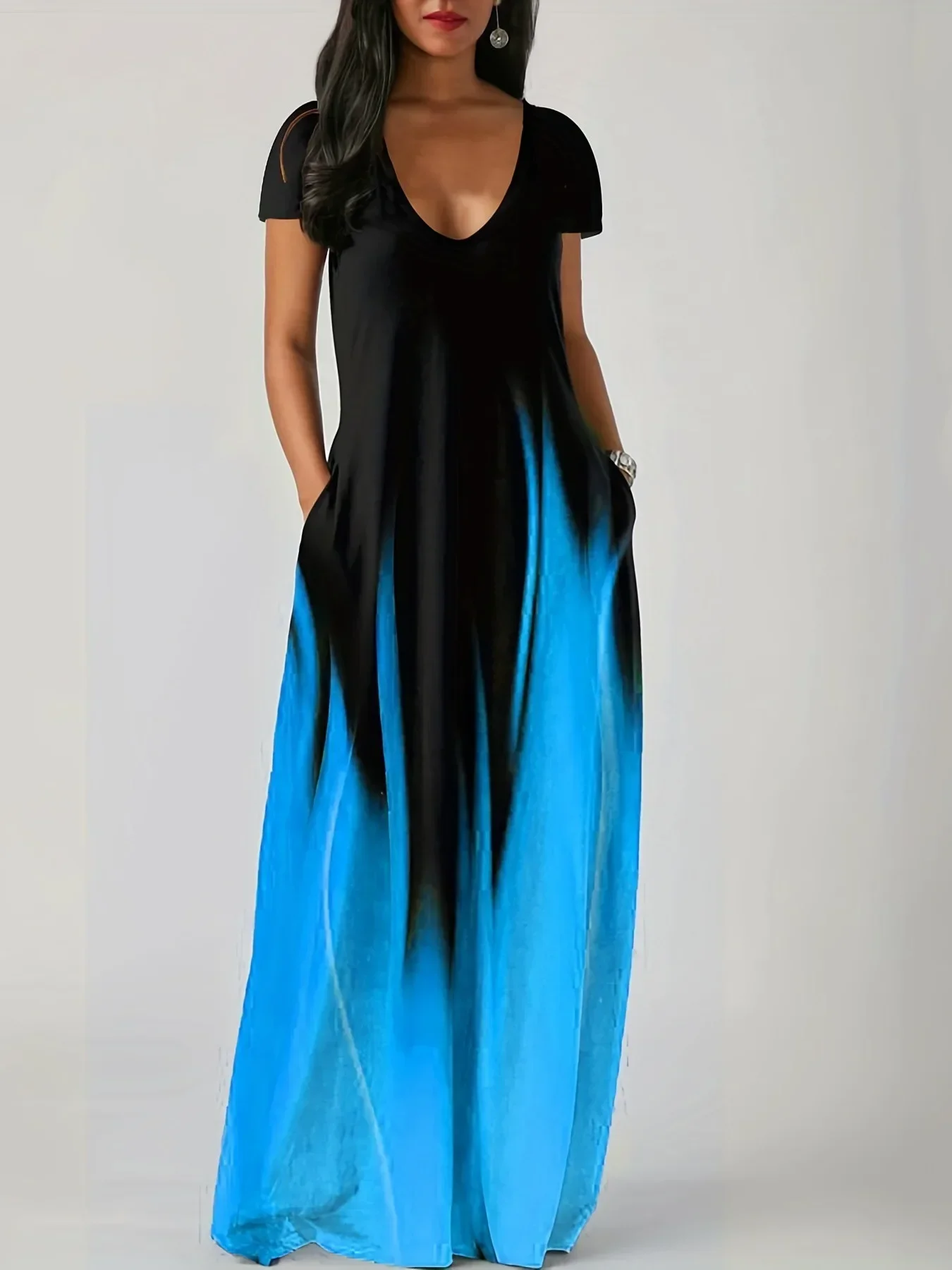 

Summer New Vestidos Loose Fashion Printed Casual Women Dress Pocket Female Large Swing Long Dresses
